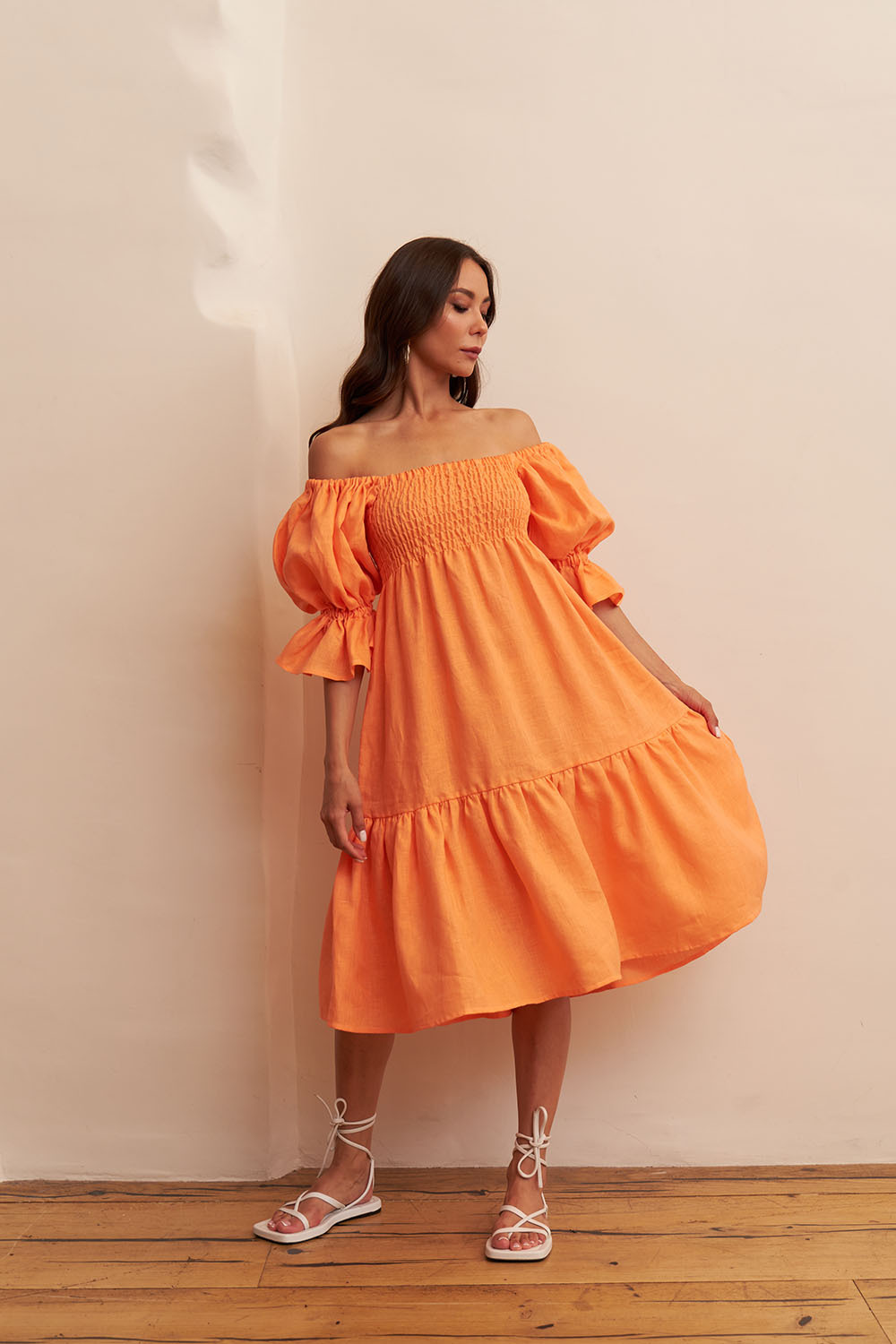 

Длинное ярусное платье с фонариками из льна оранжевого цвета, Оранжевый, Длинное ярусное платье с фонариками из льна оранжевого цвета