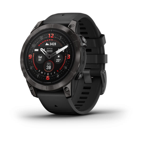 Умные часы Garmin Epix Pro (Gen 2) Standard Edition 47 mm Slate Grey, титановый угольно-серый, DLC, черный силиконовый ремешок, официальный ракурс 2