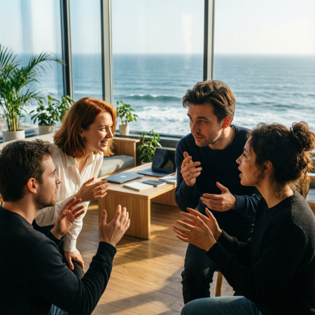 <img src="vladivostok-energy-recharge-transformation.jpg" alt="Adults from Vladivostok in online club session, radiating energy and transformation with ocean backdrop">