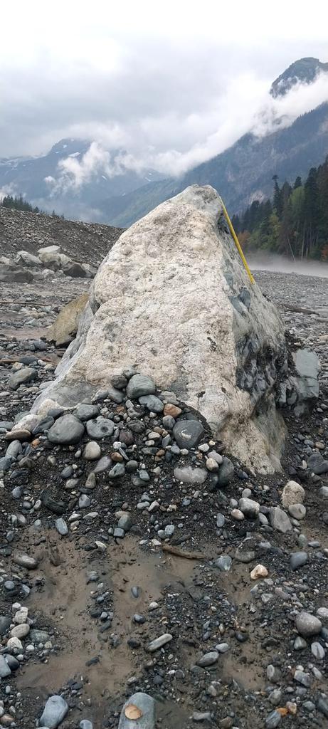 Большой валун на переднем плане, окруженный множеством мелких камней и гальки. На валуне лежит желтая рулетка или трость. На заднем плане видны горы, частично скрытые облаками, и лес. 