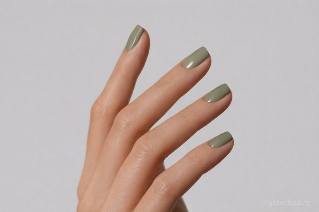 Маникюр оливкового оттенка на коротких квадратных ногтях, аккуратное глянцевое покрытие AlgebraBeauty
