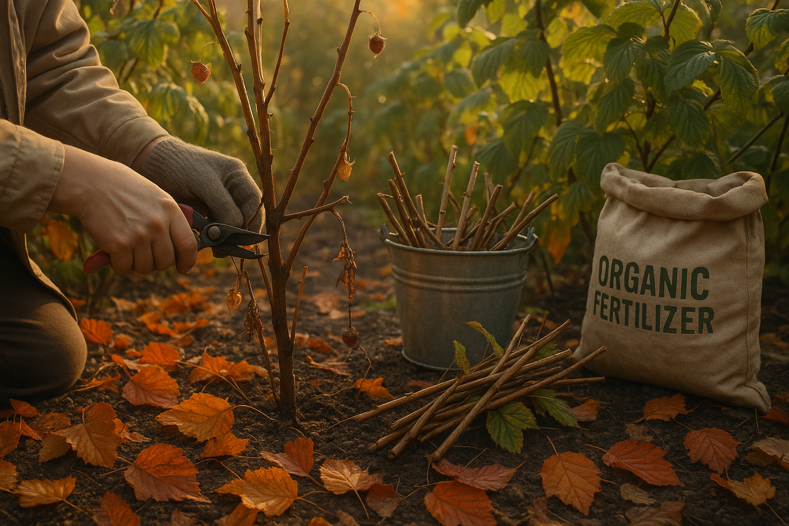 Кусты малины с ягодами и зелёными листьями осенью на садовом участке