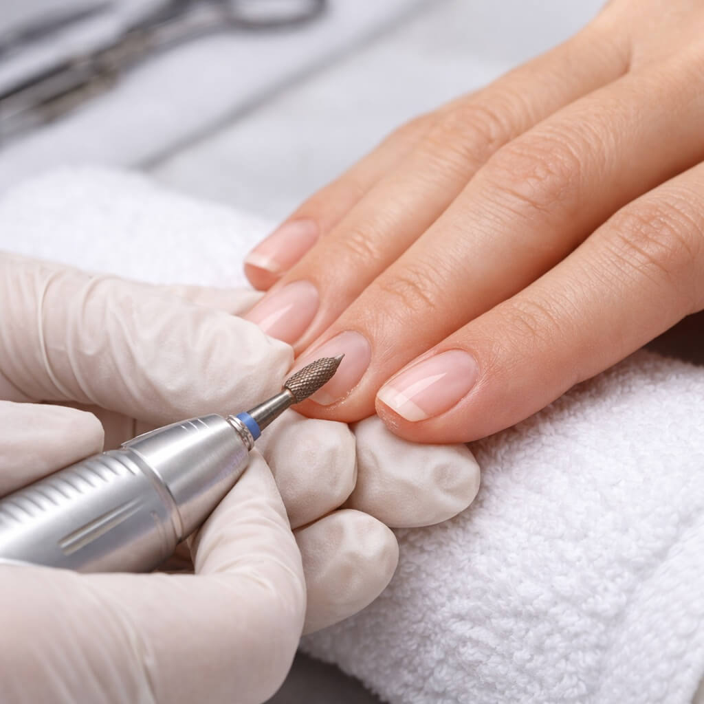 Аппаратный маникюр: обработка кутикулы фрезой крупным планом, аккуратная работа мастера без травм
