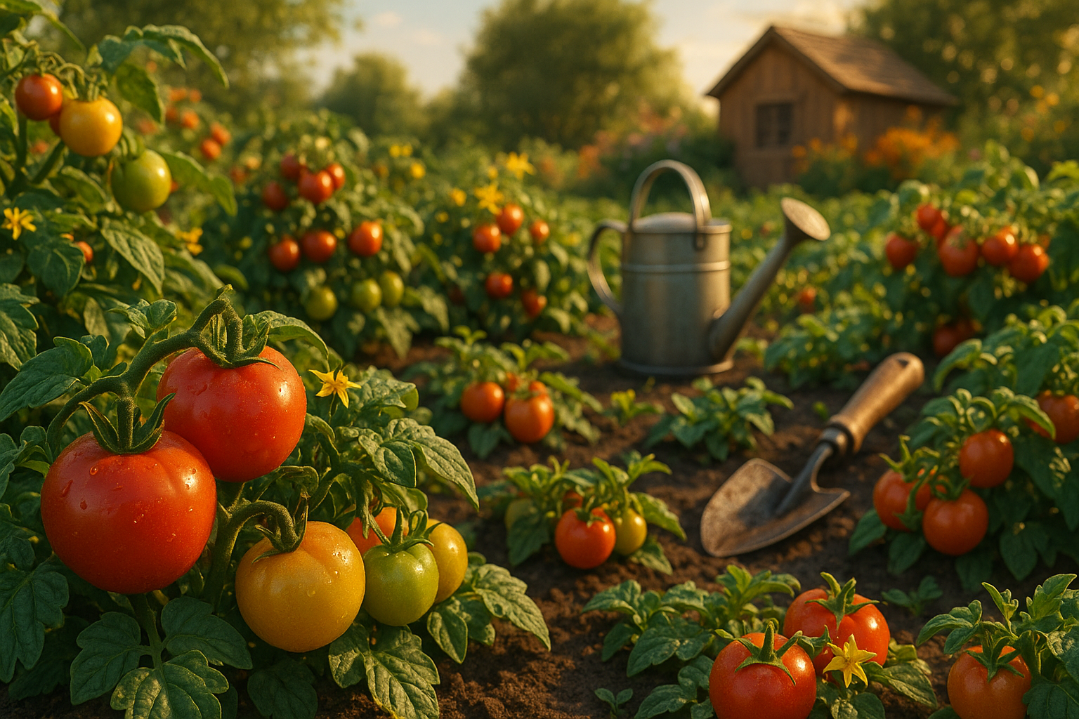 Компактный куст низкорослых помидоров с красными спелыми томатами, не требующих пасынкования