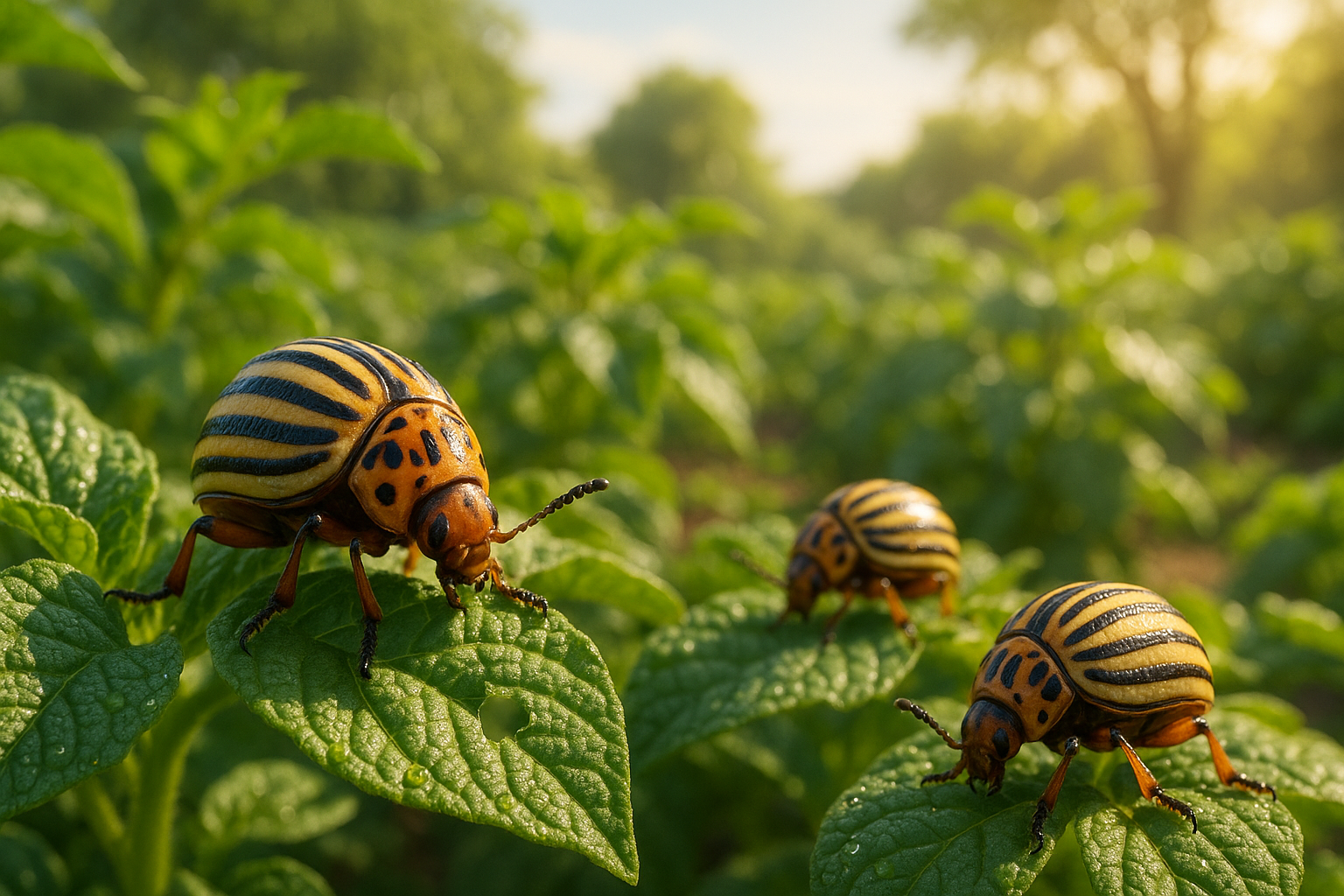Колорадский жук на листе картофеля, стадии жизненного цикла: яйца, личинки, куколка, взрослый жук