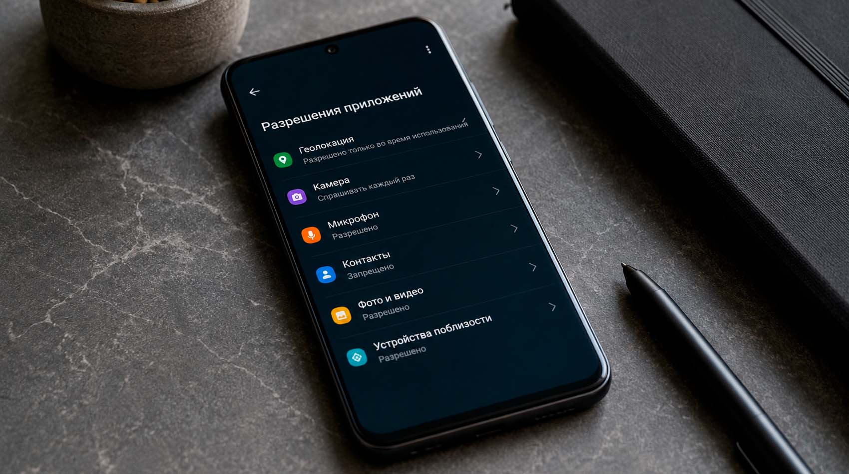 Экран Android с настройками доступа приложений к камере, микрофону и геолокации Экран Android с настройками доступа приложений к камере, микрофону и геолокации