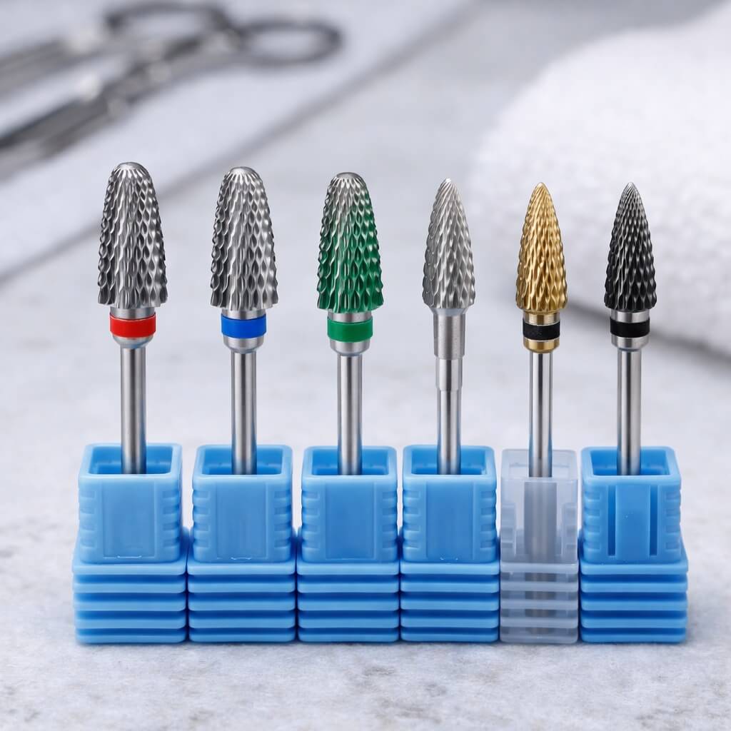 Фрезы для маникюра: разные виды и насечки, твердосплавные насадки с цветовой маркировкой крупным планом