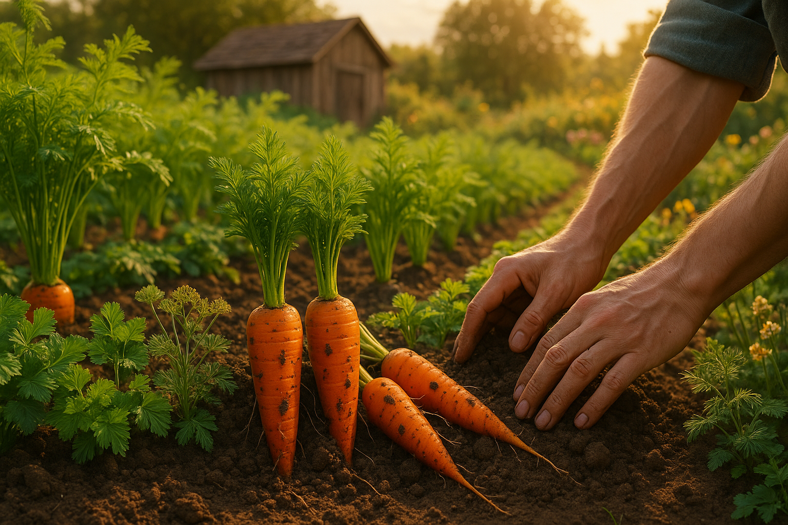 Поле с рядами ровно посаженной моркови на легкой плодородной почве в солнечный день