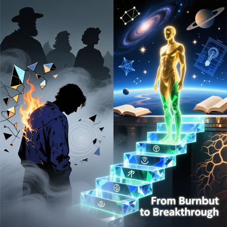 <img src="transformation-from-exhaustion-clarity-superjump.jpg" alt="Personal transformation from burnout to clarity: exhausted person in gray fog transforms into energized person with vision and purpose toward a bright future">