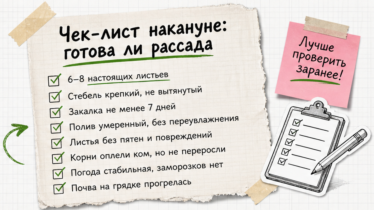Чек-лист готовности рассады перед высадкой: листья, закалка, полив