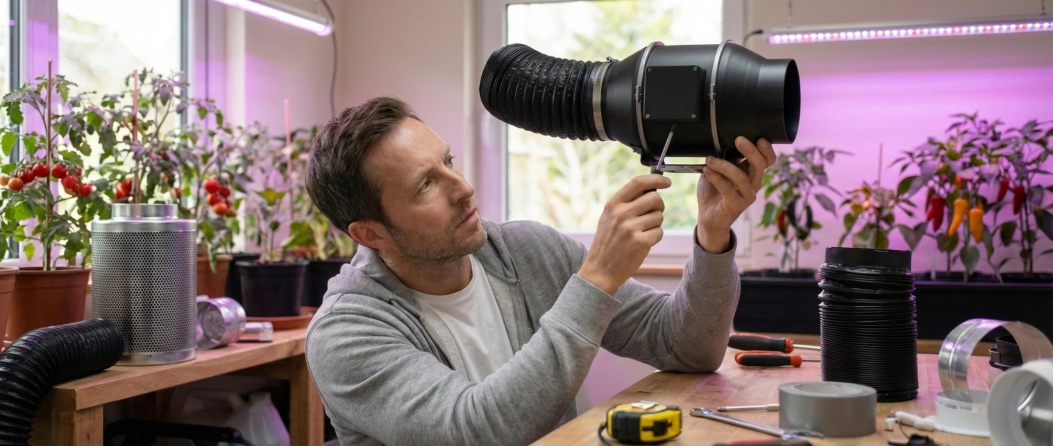 Подключения канального вентилятора с угольным фильтром и шумоглушителем в системе вентиляции гроубокса