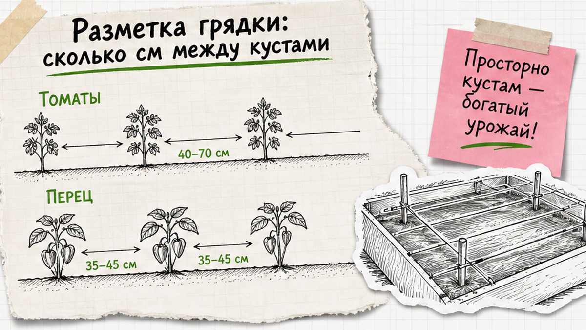 Схема разметки грядки: расстояния между томатами и перцем
