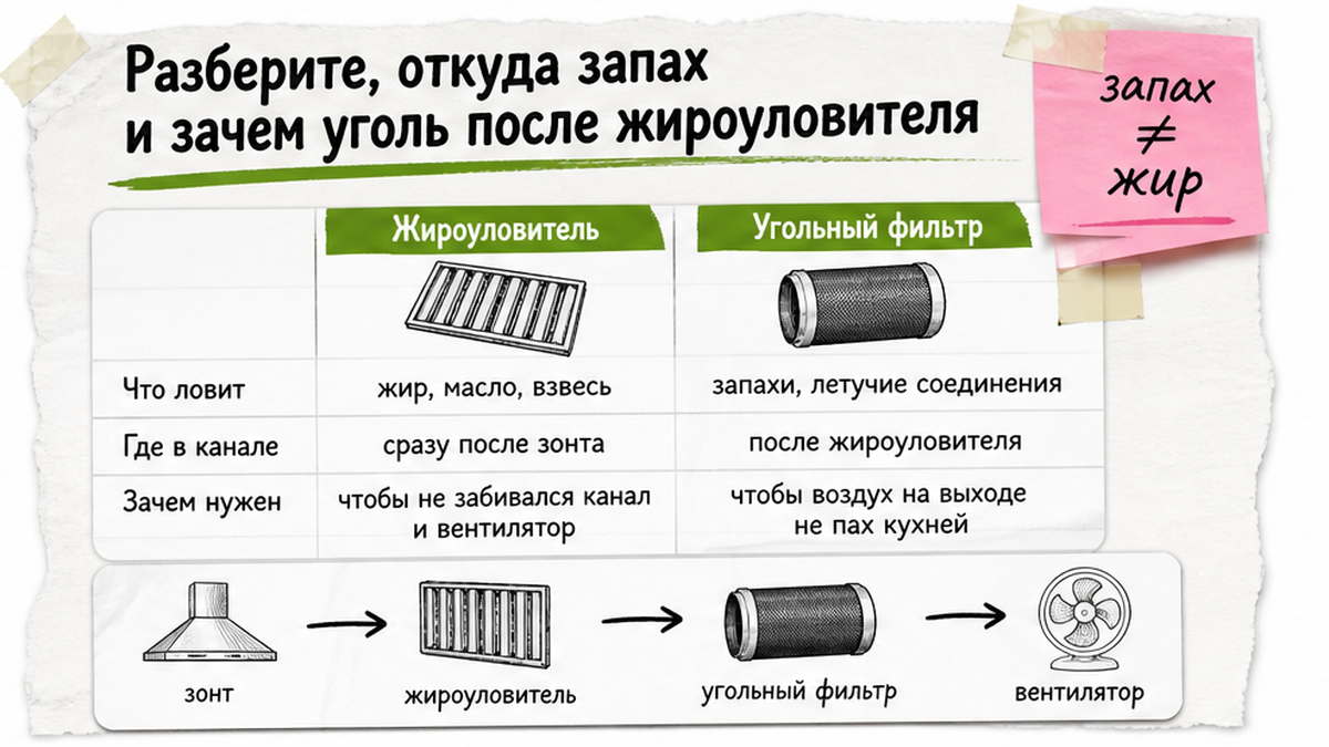 Сравнение жироуловителя и угольного фильтра в вытяжке кафе