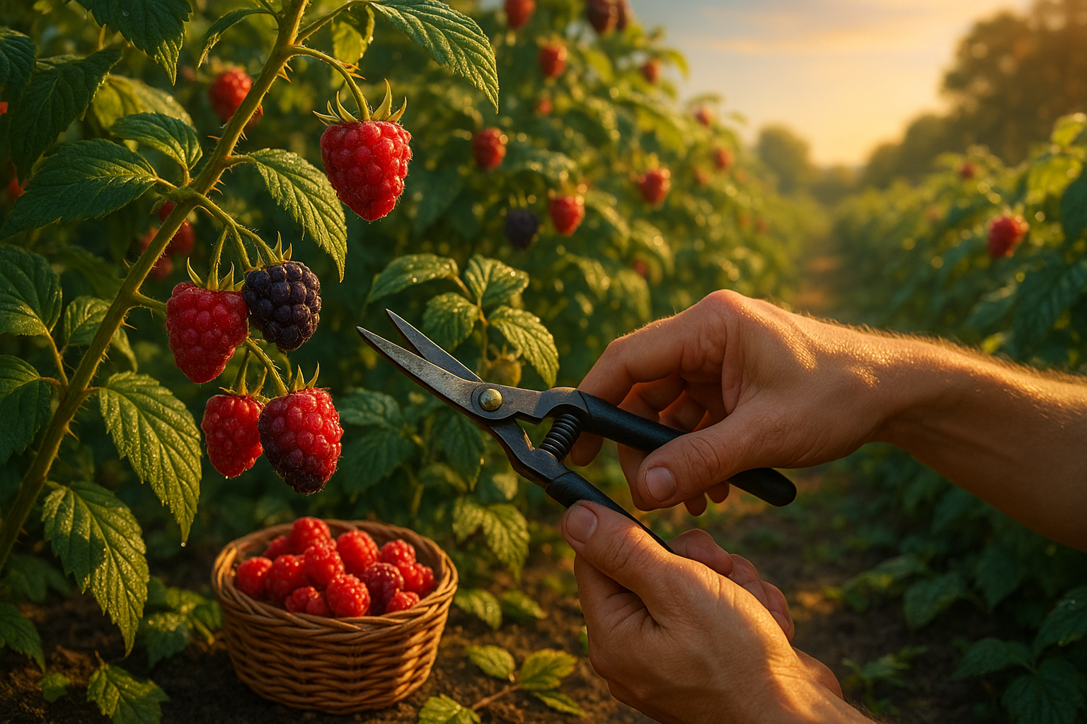 Кусты малины с ягодами и зелёными листьями осенью на садовом участке
