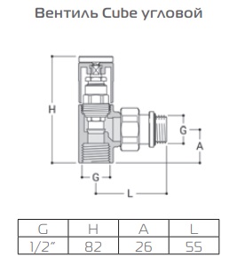 Габариты углового клапана Cube