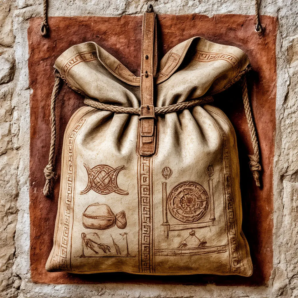 Наскальные рисунки, фрески с изображением мешков, реконструкция римской сумки-crumena.webp