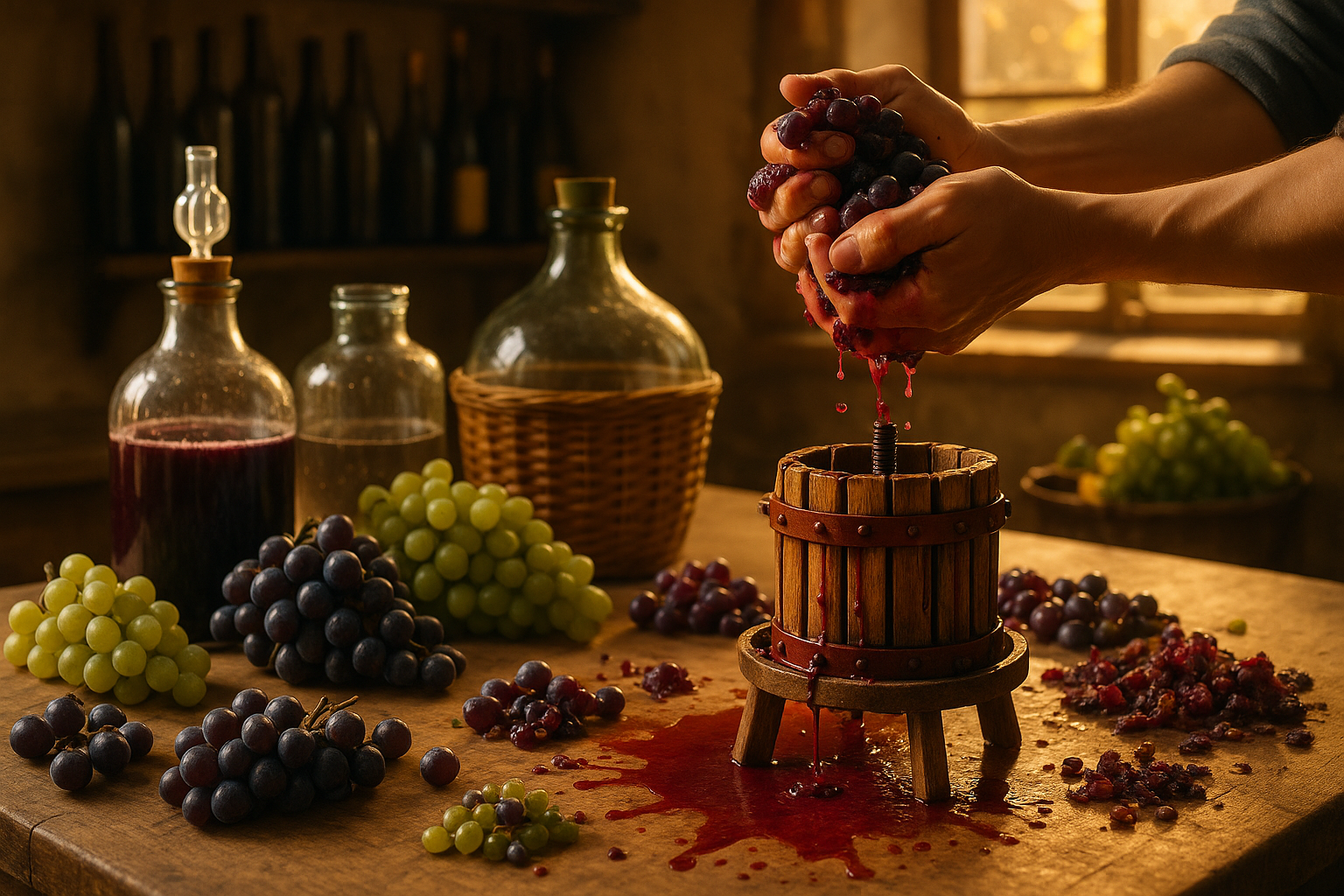 Бутылка домашнего вина из винограда на деревянном столе с виноградной гроздью