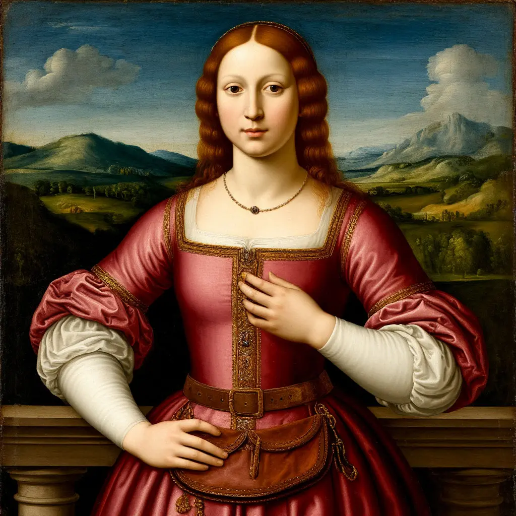 Картина эпохи Возрождения с изображением дамы с поясным мешочком (омоньером), реконструкция солдатского ранца.webp