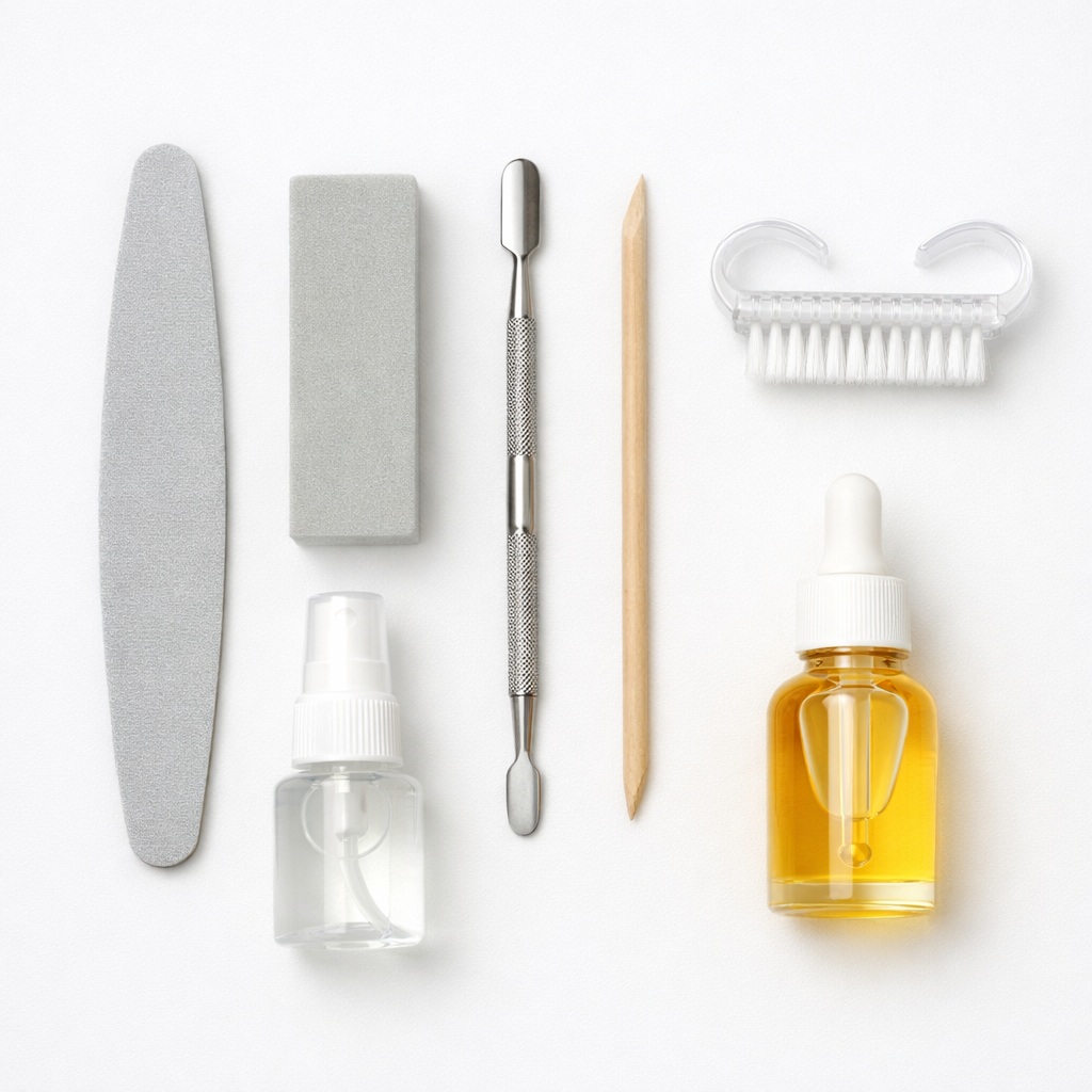 Инструменты для пилочного маникюра: пилка, баф, пушер, щеточка, антисептик и масло для кутикулы