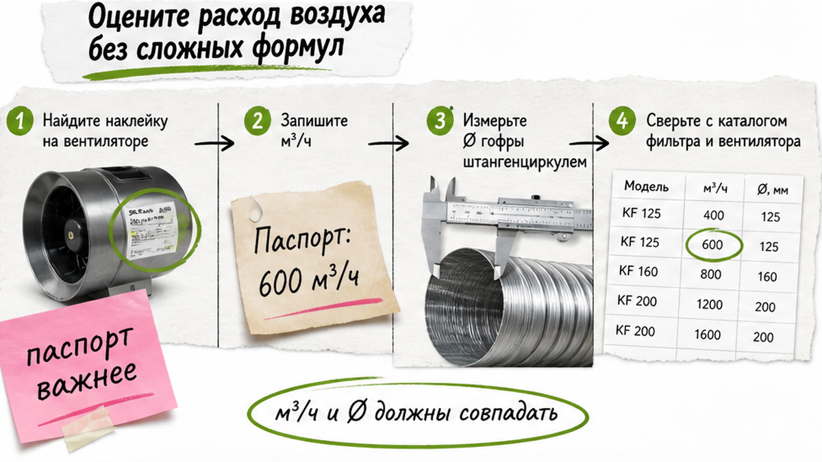 Схема: как снять расход м&sup3;/ч и диаметр с вентилятора