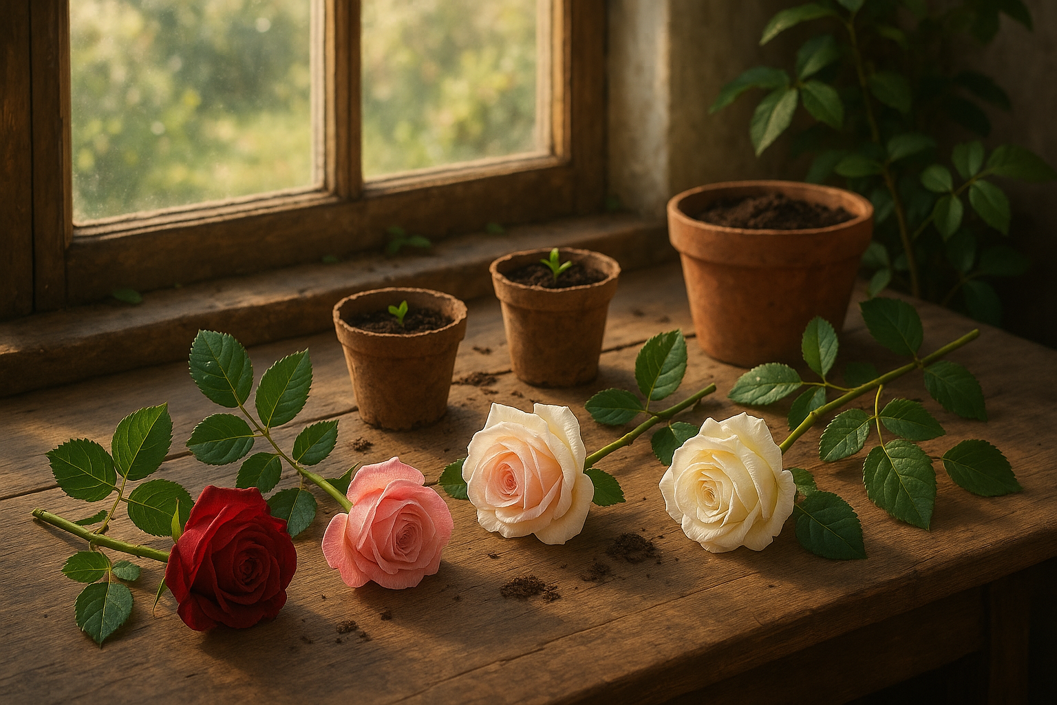 Черенок розы, укореняющийся в земле под пластиковой бутылкой с парниковым эффектом