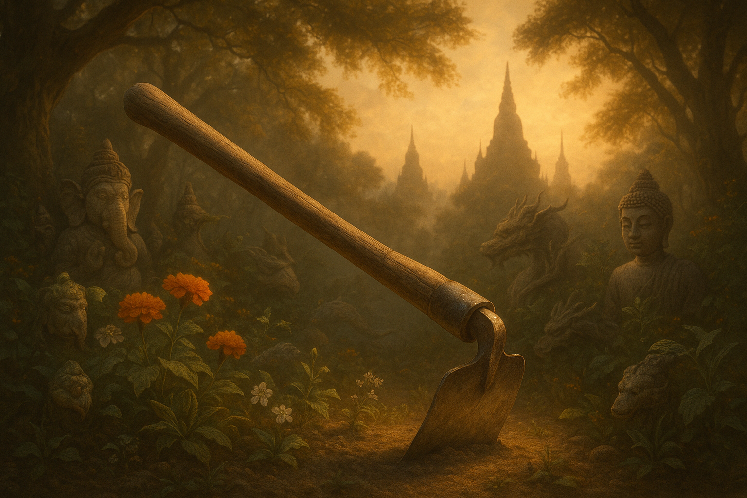 Древняя мотыга – символ сельского труда и мифологии на фоне культурных артефактов