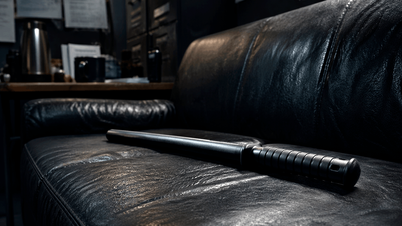 Дубинка резиновая лежит на диване