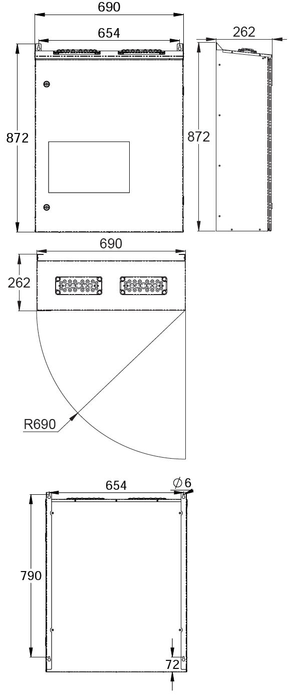 Монтажные размеры адресного блока с открывающейся передней дверцей системы аварийного централизованного освещения TKT66CP Teknoware