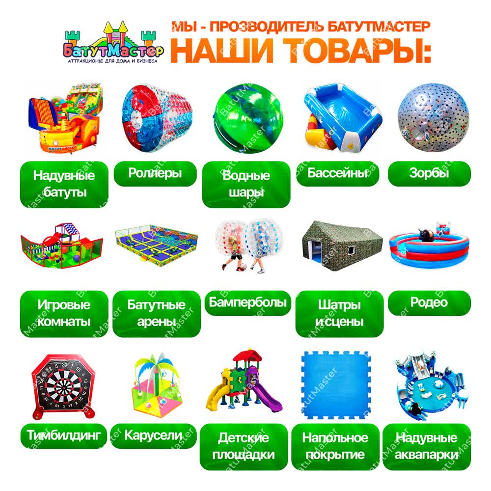 🎪 Ассортимент продукции от БатутМастер: надувные батуты, роллеры, водные шары, бассейны и многое другое