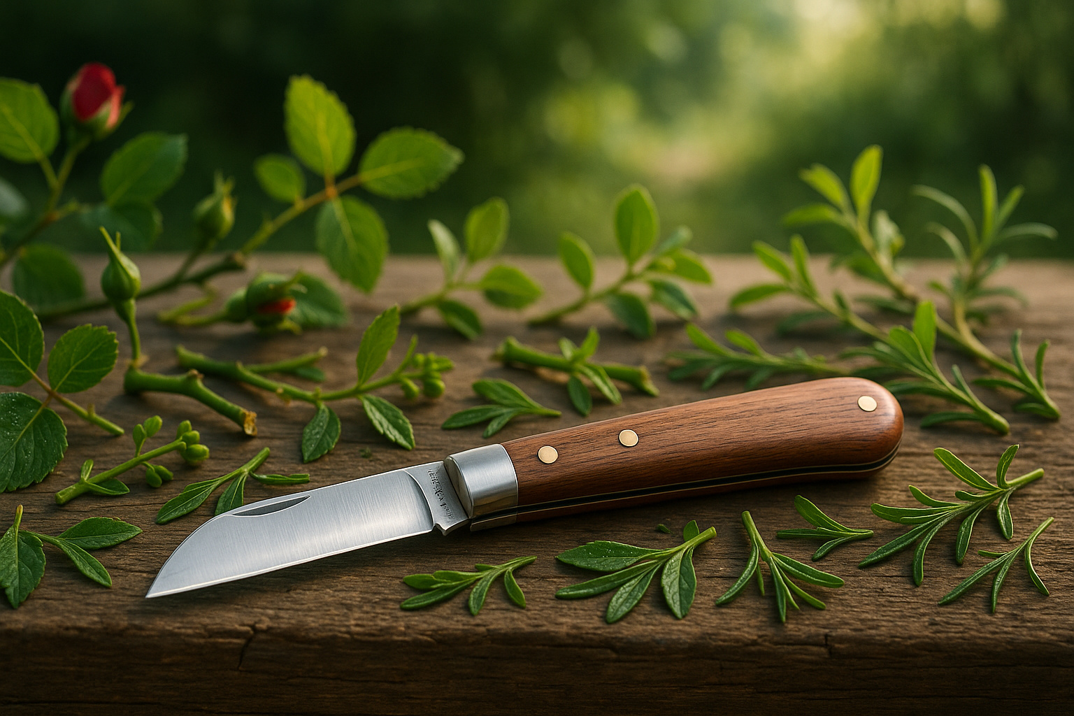 Прививочный нож с острым лезвием для точных срезов при прививке растений на фоне зелёного сада