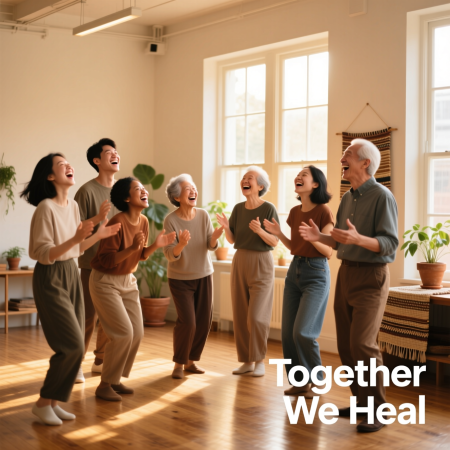 <img src="laughter-therapy-group-wellness-healing.jpg" alt="Group of people practicing laughter therapy together for stress relief and emotional wellness">