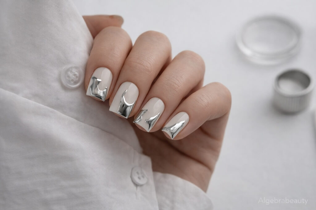 Молочный маникюр с серебряным chrome дизайном на квадратных ногтях &mdash; AlgebraBeauty