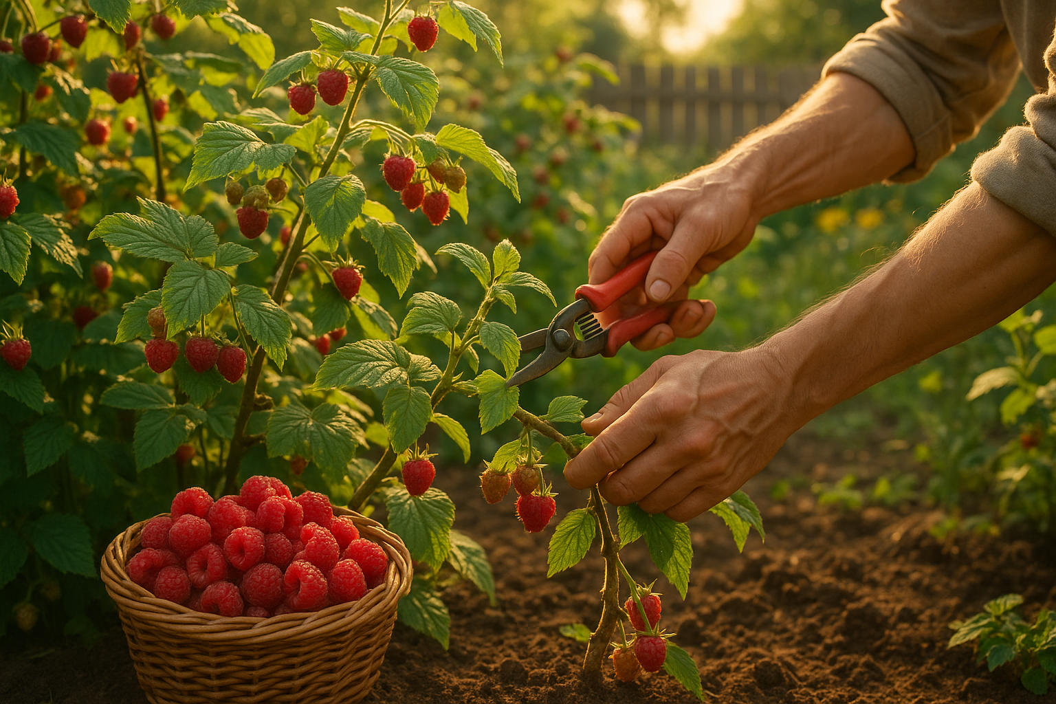 Куст малины после сбора урожая с обрезанными побегами и замульчированной почвой для подготовки к зиме