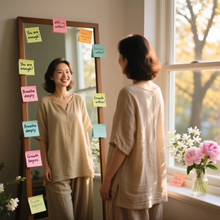 <img src="self-esteem-mirror-confidence.jpg" alt="Woman with high self-esteem smiling at mirror reflection - boost confidence and personal growth">