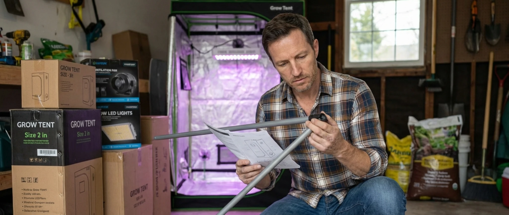 Черный каркасный гроутент Probox с открытой передней дверью, внутри видно розовое свечение LED лампы