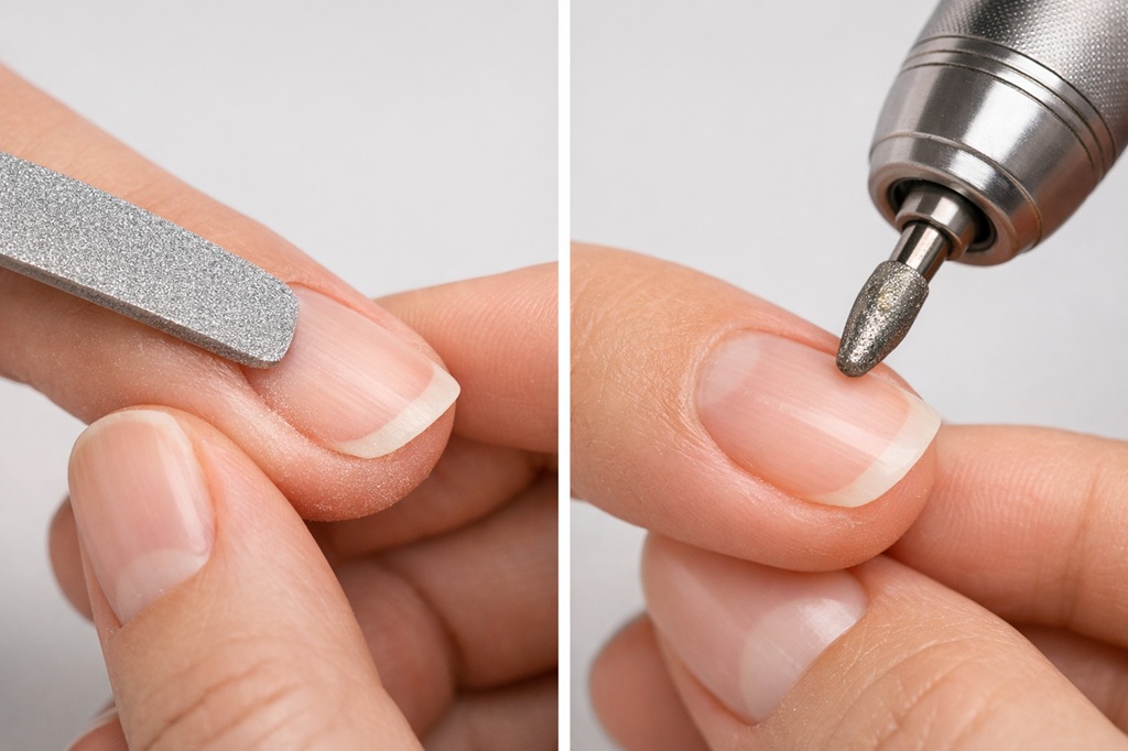 Сравнение пилочного и аппаратного маникюра: слева пилка у кутикулы, справа аппаратная фреза у ногтя