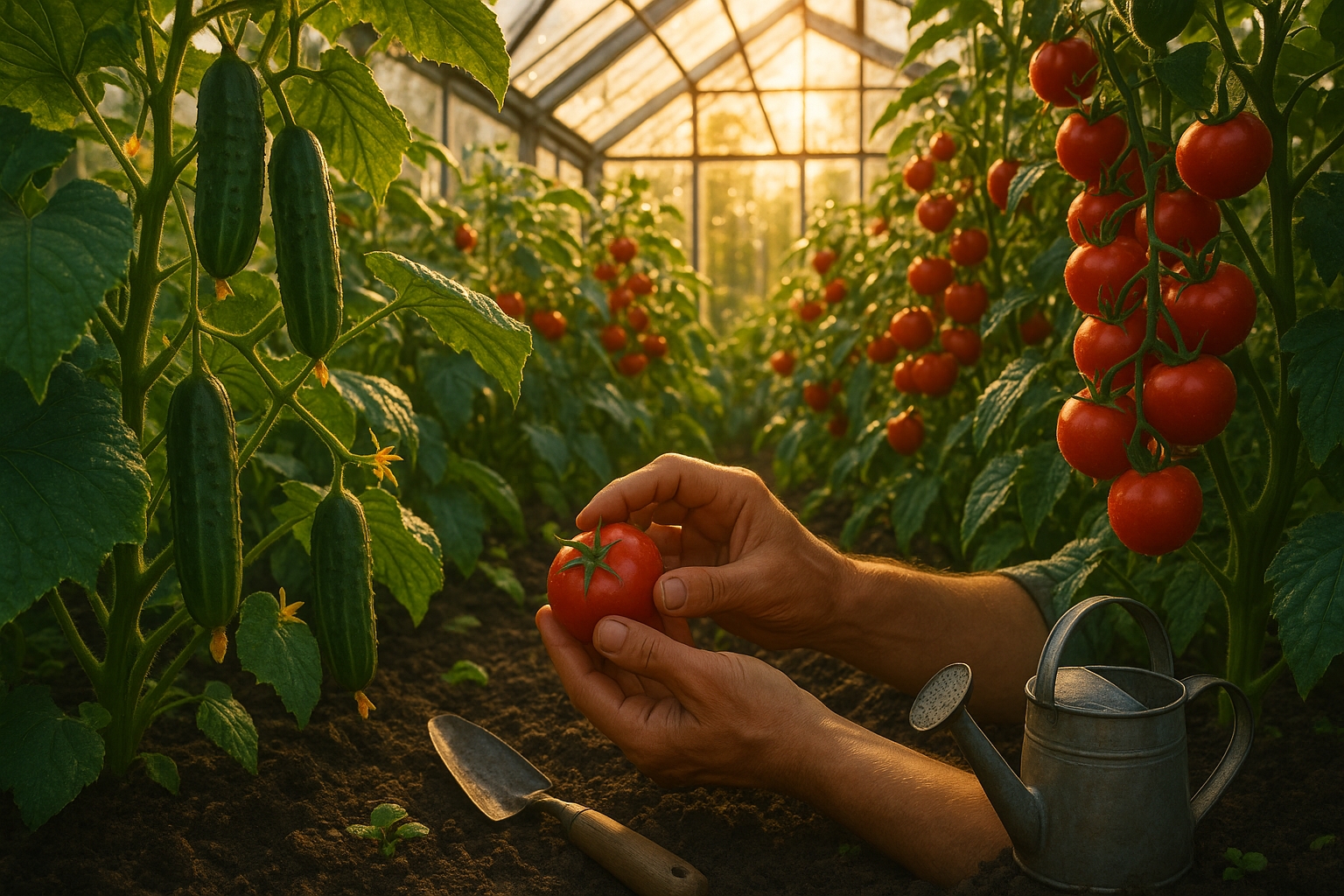 Теплица с тщательно подготовленными грядками для огурцов с зеленой листвой и плодами