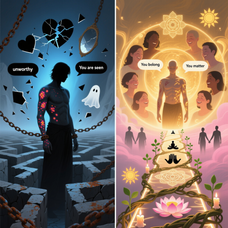 <img src="psoriasis-healing-from-rejection-to-belonging.jpg" alt="Illustration of psychological transformation from feelings of rejection and psoriasis to healing and belonging through community support and meditation">