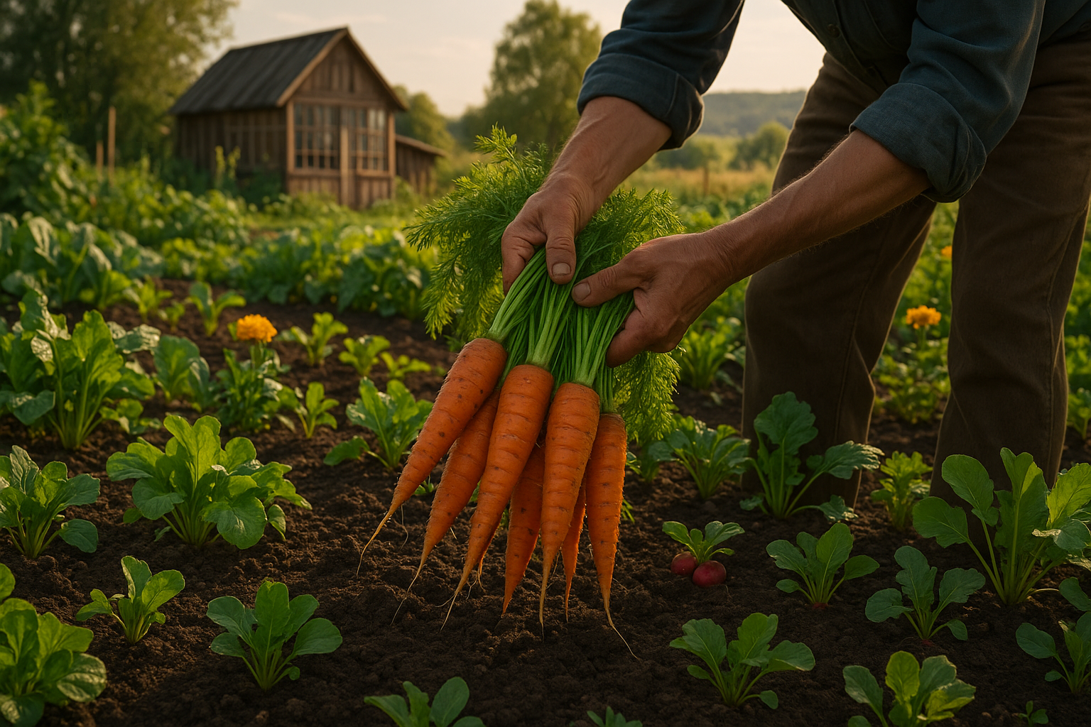 Поле с рядами ровно посаженной моркови на легкой плодородной почве в солнечный день