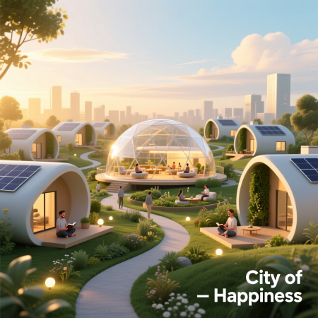 <img src="city-of-happiness-2026.jpg" alt="Futuristic concept of a city of happiness with private homes, green paths and a community hub">