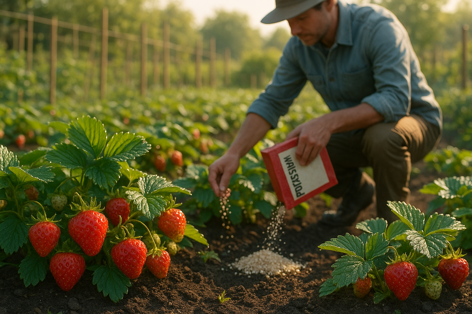 Кусты клубники во время подкормки раствором удобрений для высокой урожайности
