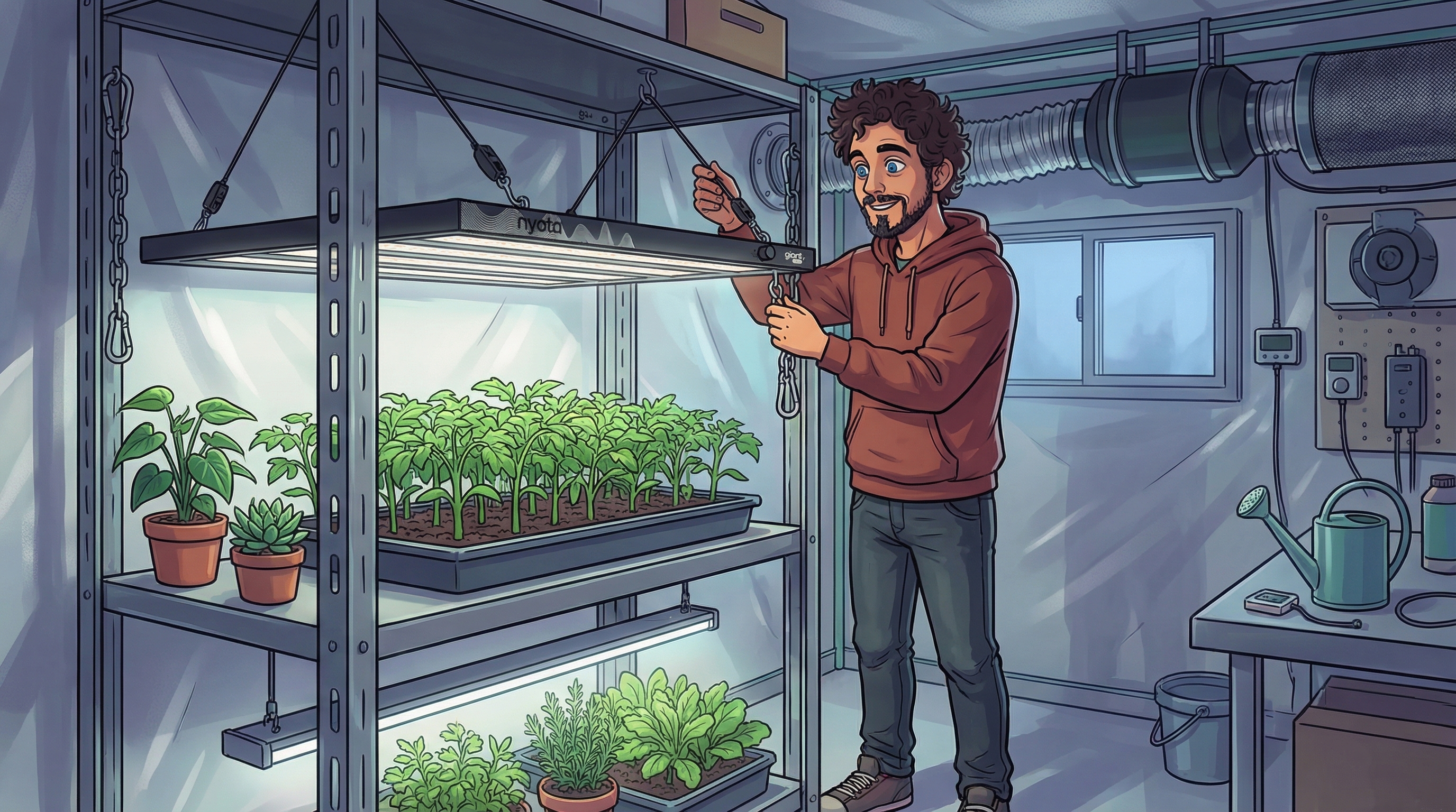 Линейная лампа для растений в стеллаже с рассадой и зеленью