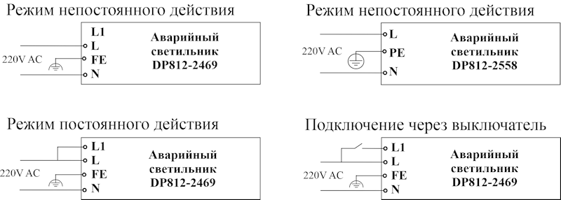 Схемы подключения черного аварийного светодиодного потолочного светильника Moncato DP812 BLACK в постоянном или непостоянном режиме действия
