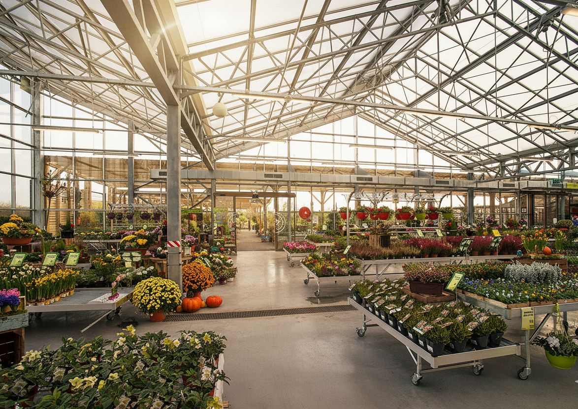 Крытый садовый центр Стеллажи в крытом садовом центре с растениями на них