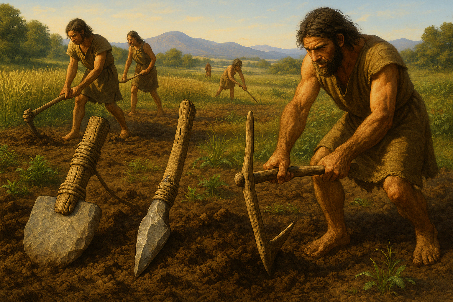 Древняя мотыга &ndash; деревянная рукоять с каменным или металлическим лезвием для обработки земли