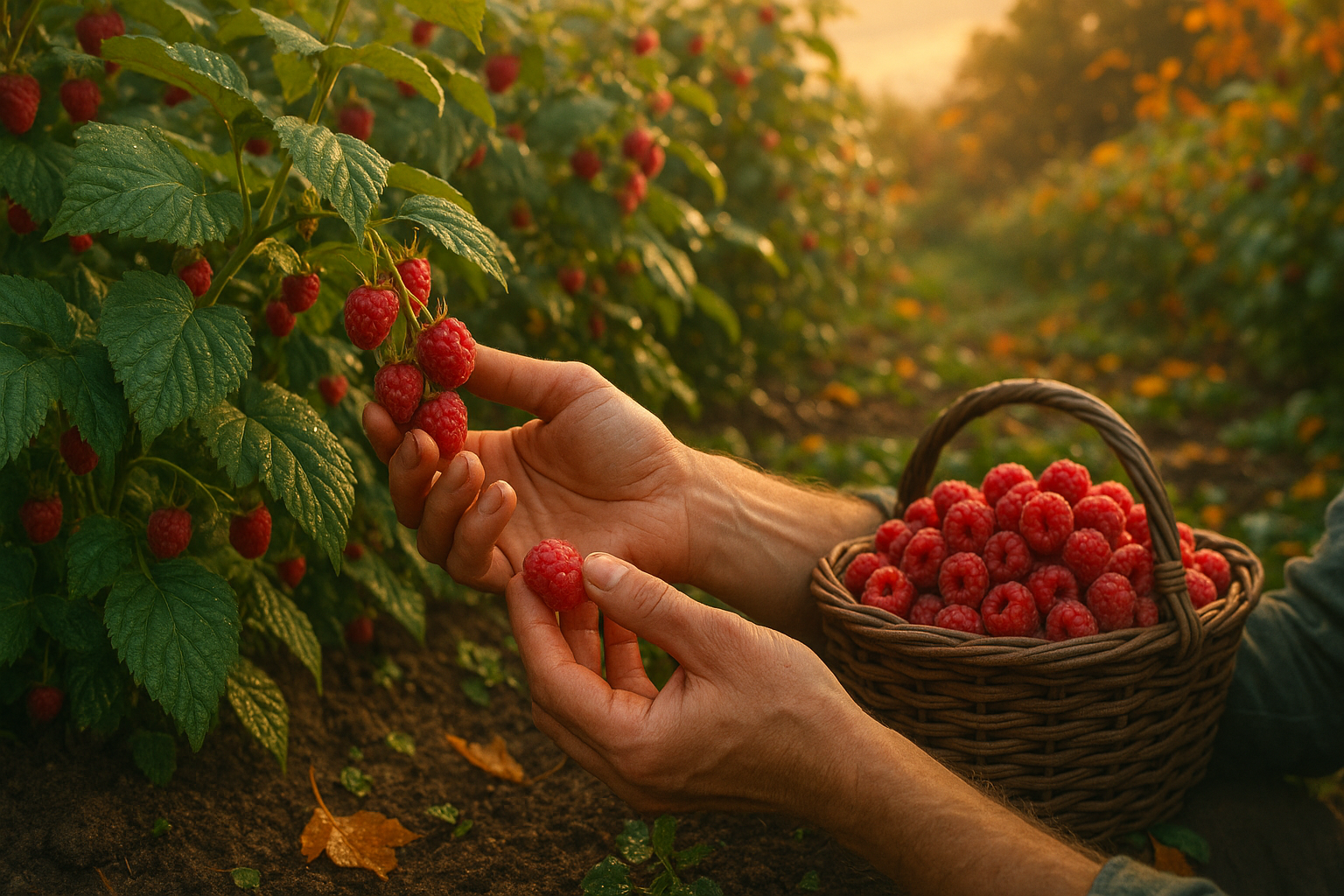 Кусты малины в ряду после посадки: мульча, подвязка и рыхлая плодородная почва