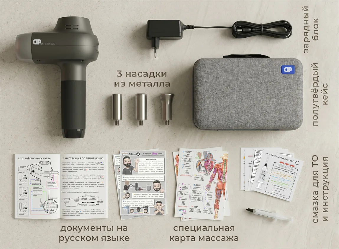 комплектация перкуссионного массажёра DP Pro 6 кейс насадки
