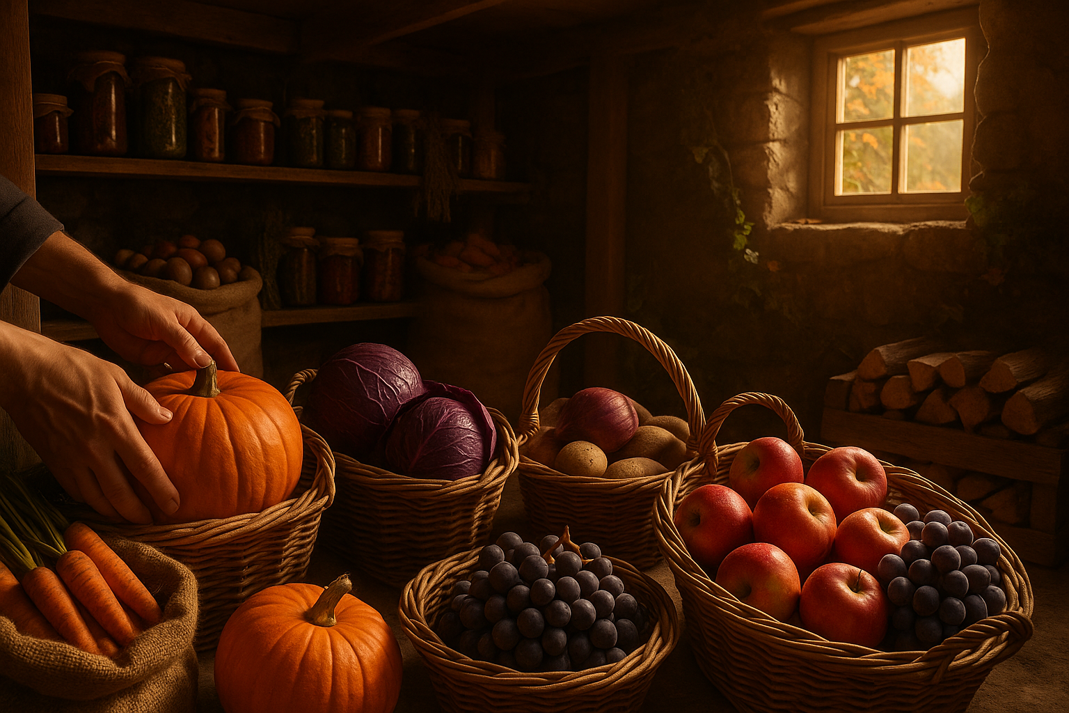 Корзина со свежими овощами и фруктами для зимнего хранения в темном прохладном помещении