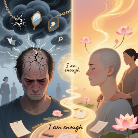 <img src="dandruff-stress-healing-journey.jpg" alt="Illustration showing emotional and physical transformation from stress-related dandruff to healthy scalp through meditation and psychological healing">