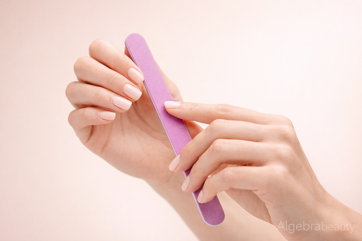 Руки с аккуратным нюдовым маникюром и розовой пилкой для ногтей